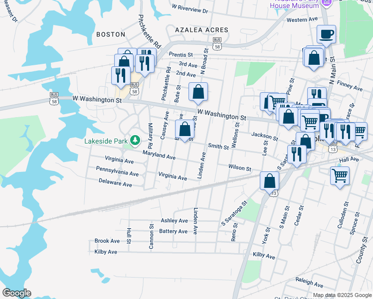 map of restaurants, bars, coffee shops, grocery stores, and more near 207 South Broad Street in Suffolk