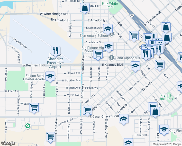 map of restaurants, bars, coffee shops, grocery stores, and more near S Plumas St & E Hawes Ave in Fresno