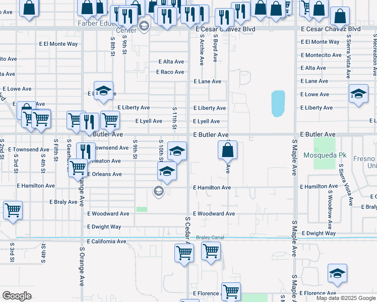 map of restaurants, bars, coffee shops, grocery stores, and more near 1621 South Cedar Avenue in Fresno