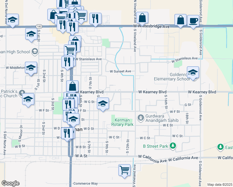 map of restaurants, bars, coffee shops, grocery stores, and more near 14615 West Kearney Boulevard in Kerman