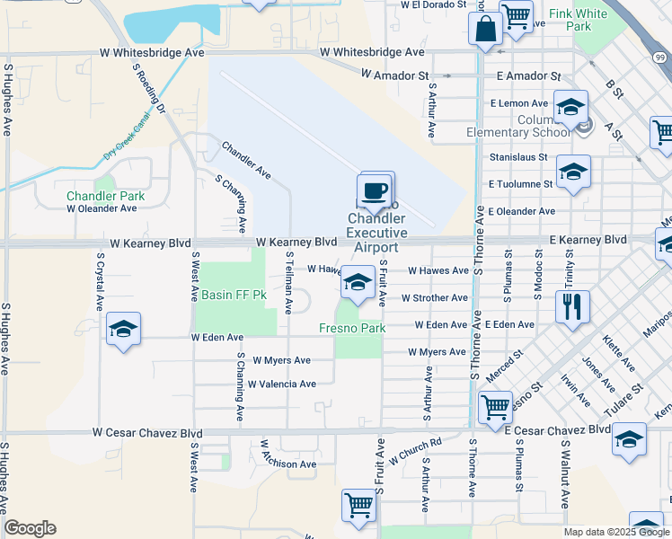 map of restaurants, bars, coffee shops, grocery stores, and more near 808 West Hawes Avenue in Fresno