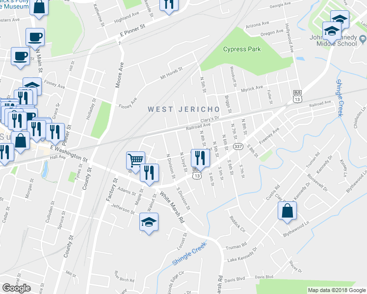 map of restaurants, bars, coffee shops, grocery stores, and more near 210 North Lloyd Street in Suffolk