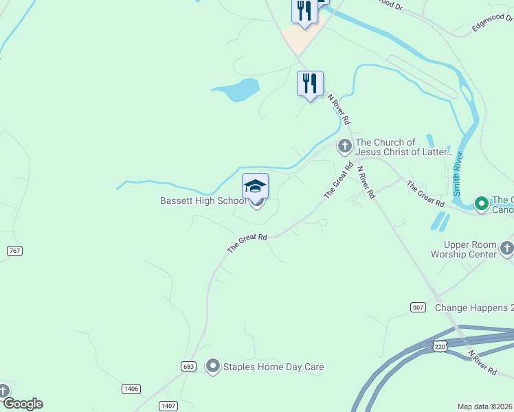 map of restaurants, bars, coffee shops, grocery stores, and more near 3318 The Great Road in Fieldale
