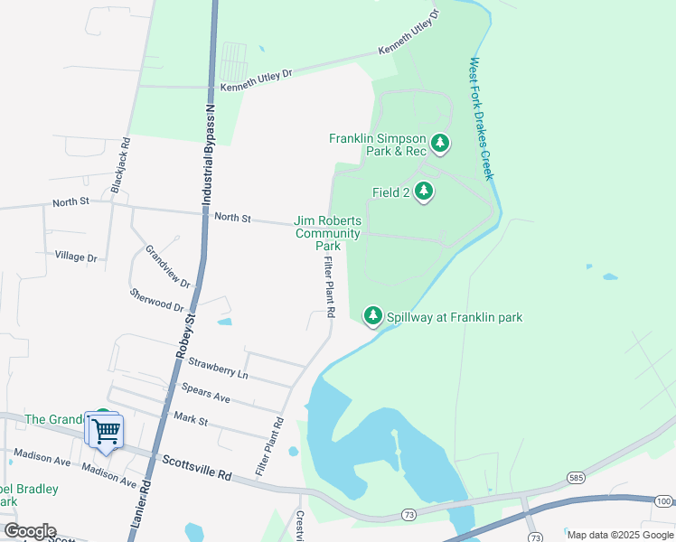 map of restaurants, bars, coffee shops, grocery stores, and more near 509-599 Filter Plant Road in Franklin