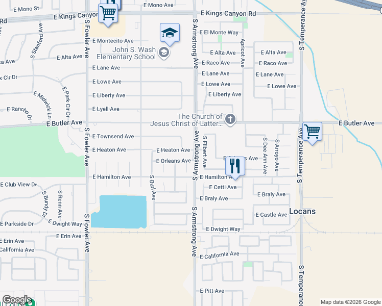 map of restaurants, bars, coffee shops, grocery stores, and more near 6499 East Heaton Avenue in Fresno