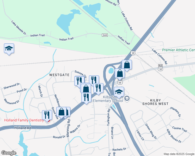 map of restaurants, bars, coffee shops, grocery stores, and more near 333 Northbrooke Avenue in Suffolk
