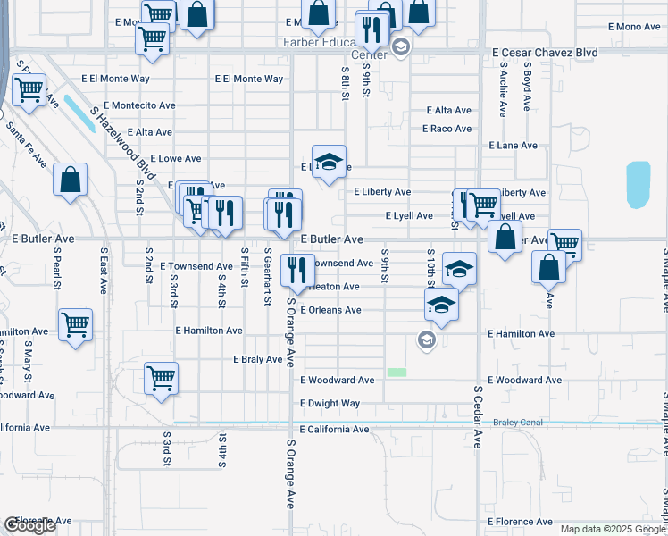 map of restaurants, bars, coffee shops, grocery stores, and more near 3746 East Townsend Avenue in Fresno