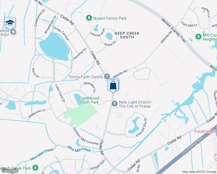 map of restaurants, bars, coffee shops, grocery stores, and more near 2500 Tiswood Court in Chesapeake