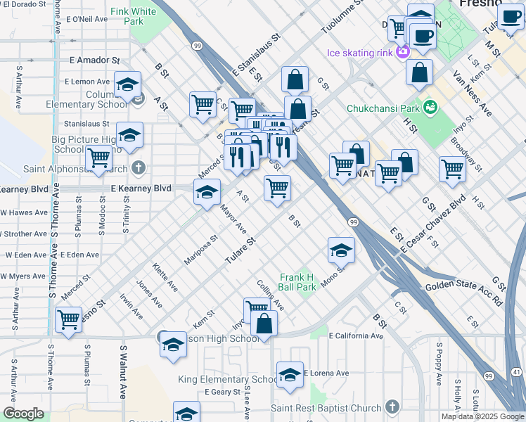 map of restaurants, bars, coffee shops, grocery stores, and more near 1038 A Street in Fresno