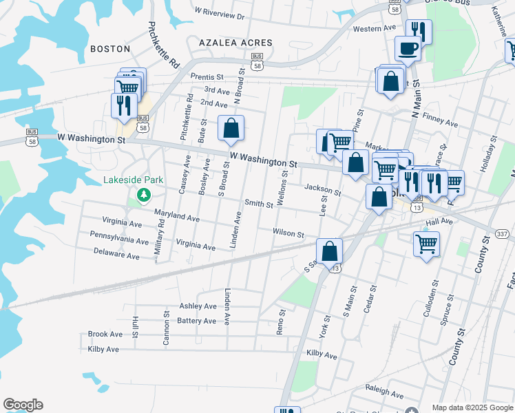 map of restaurants, bars, coffee shops, grocery stores, and more near 201 Saint James Avenue in Suffolk