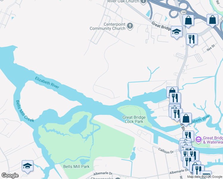 map of restaurants, bars, coffee shops, grocery stores, and more near 124 Repose Lane in Chesapeake