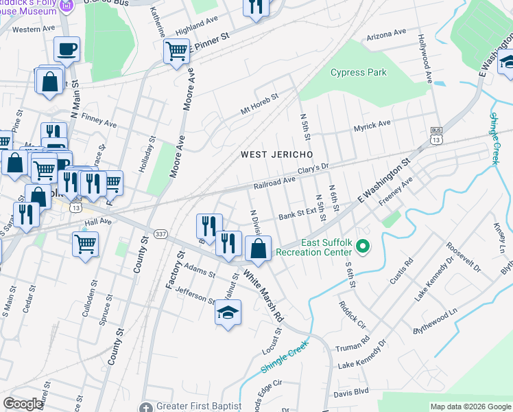 map of restaurants, bars, coffee shops, grocery stores, and more near 220 North Division Street in Suffolk