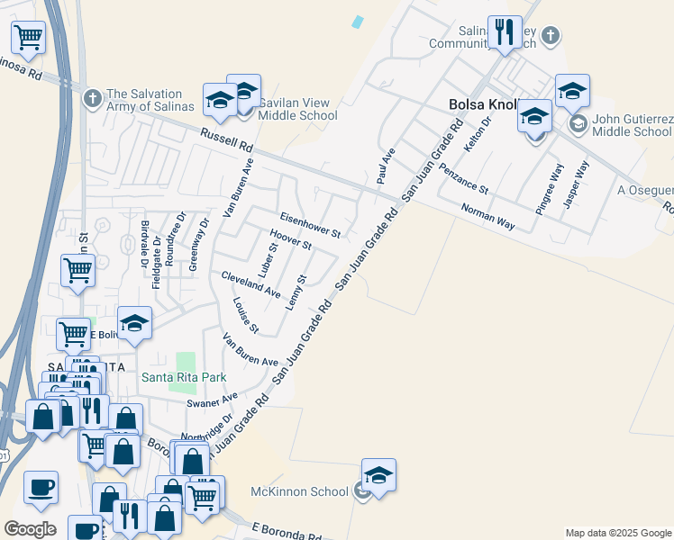 map of restaurants, bars, coffee shops, grocery stores, and more near 18990 Souza Way in Salinas