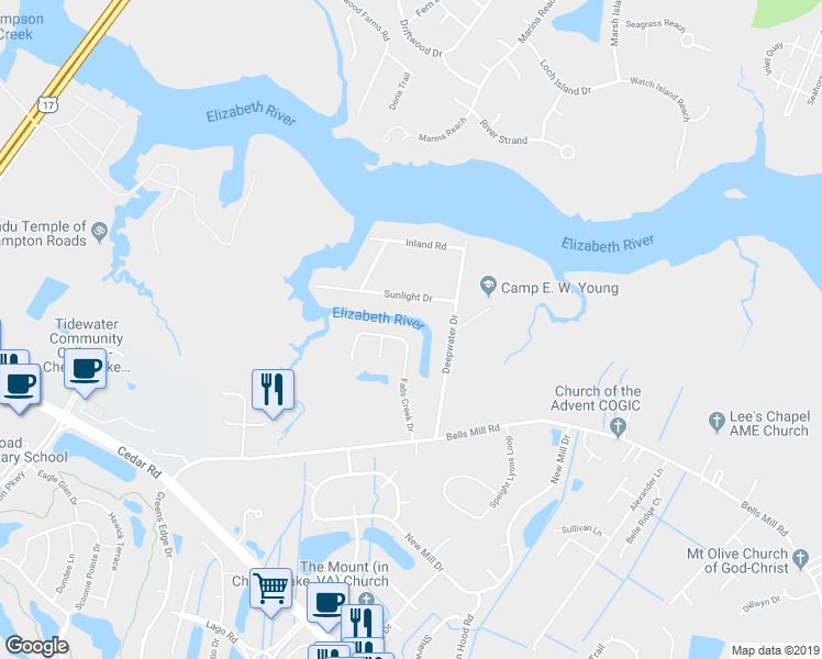 map of restaurants, bars, coffee shops, grocery stores, and more near 827 Falls Creek Drive in Chesapeake