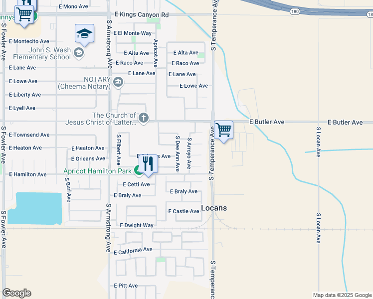 map of restaurants, bars, coffee shops, grocery stores, and more near 599 South Dee Ann Avenue in Fresno