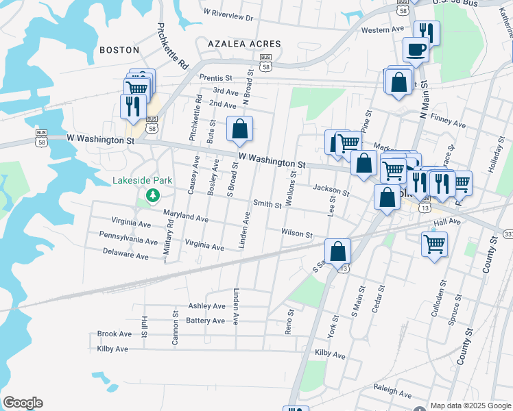 map of restaurants, bars, coffee shops, grocery stores, and more near 201 Saint James Avenue in Suffolk