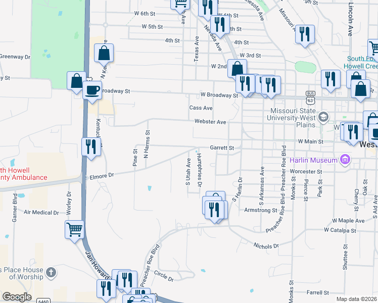 map of restaurants, bars, coffee shops, grocery stores, and more near 201 South Utah Avenue in West Plains