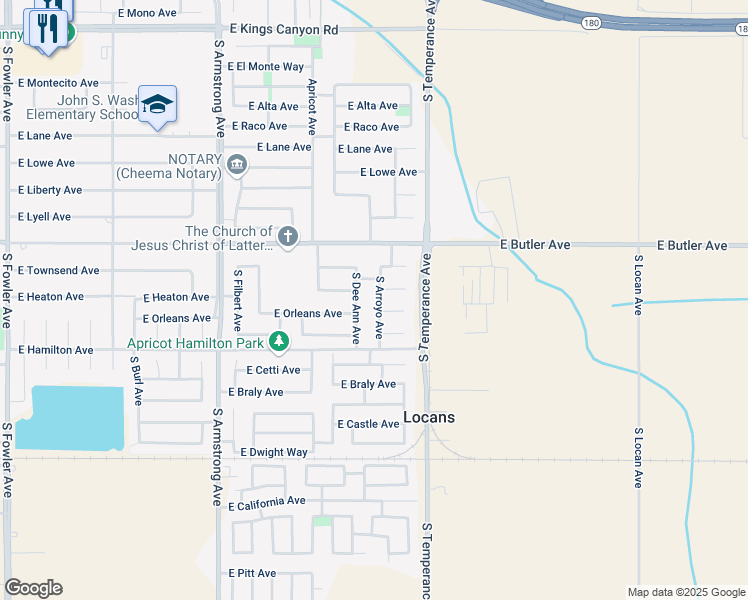 map of restaurants, bars, coffee shops, grocery stores, and more near 599 South Dee Ann Avenue in Fresno