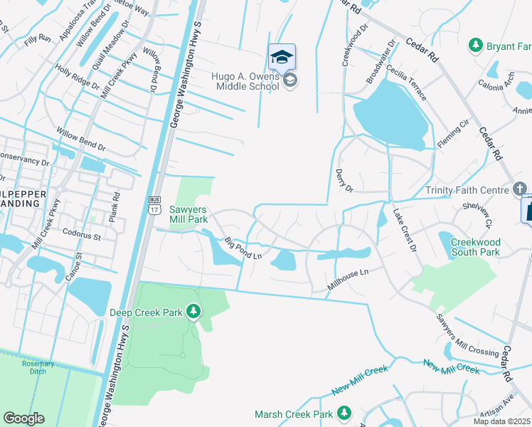 map of restaurants, bars, coffee shops, grocery stores, and more near 305 Sluice Court in Chesapeake