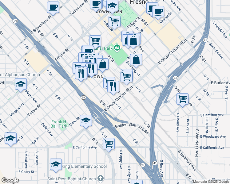 map of restaurants, bars, coffee shops, grocery stores, and more near 603 G Street in Fresno