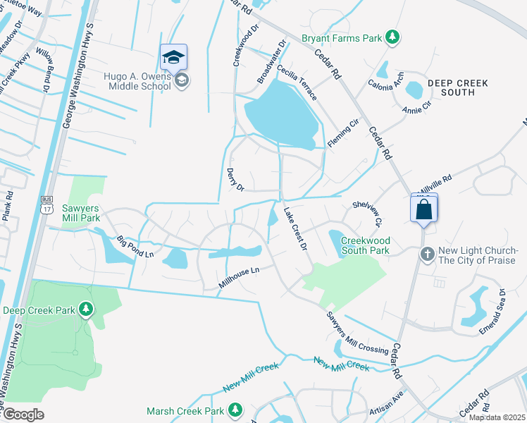 map of restaurants, bars, coffee shops, grocery stores, and more near 315 Head Water Way in Chesapeake