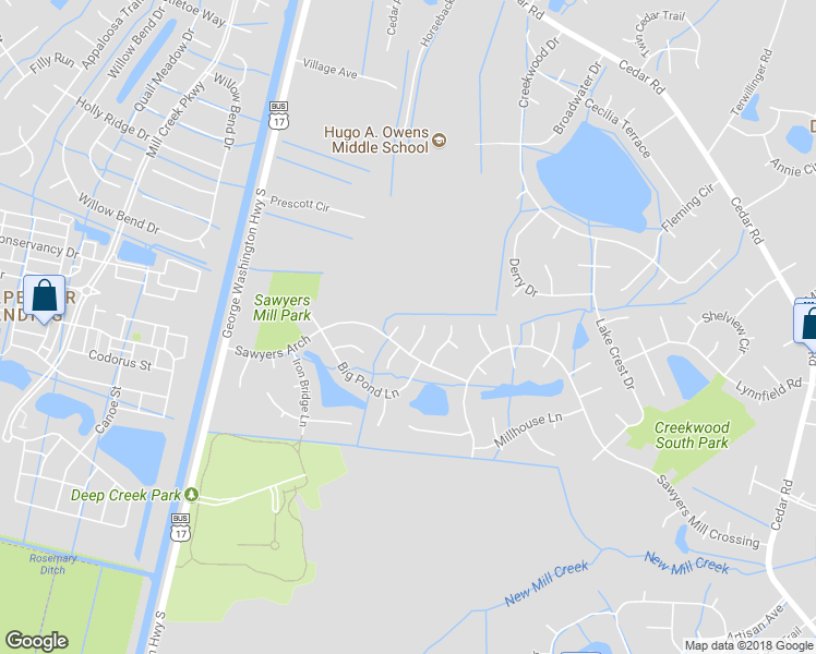 map of restaurants, bars, coffee shops, grocery stores, and more near 305 Sluice Court in Chesapeake