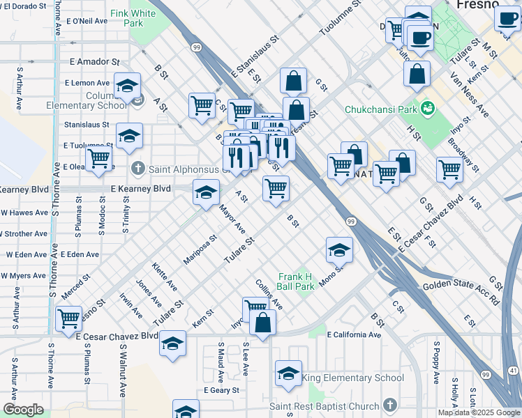 map of restaurants, bars, coffee shops, grocery stores, and more near 1038 A Street in Fresno