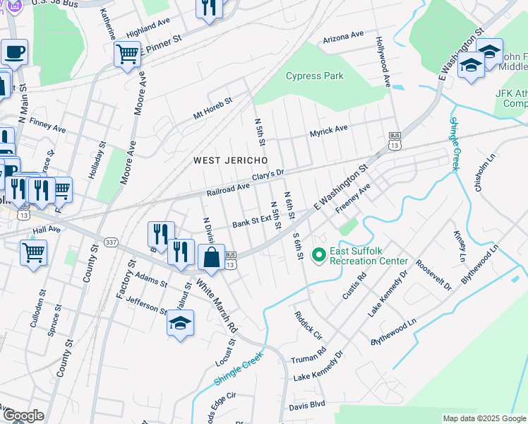 map of restaurants, bars, coffee shops, grocery stores, and more near 204 North 4th Street in Suffolk