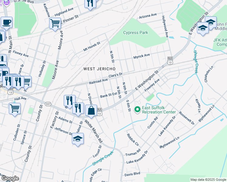 map of restaurants, bars, coffee shops, grocery stores, and more near 204 North 4th Street in Suffolk