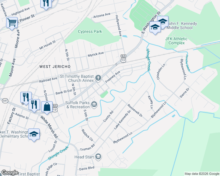 map of restaurants, bars, coffee shops, grocery stores, and more near 119 South 10th Street in Suffolk
