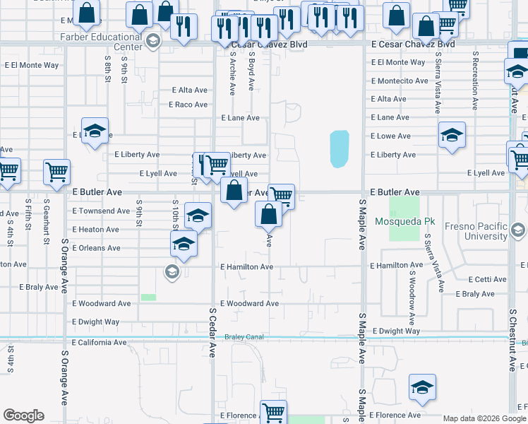 map of restaurants, bars, coffee shops, grocery stores, and more near 1456 South Chance Avenue in Fresno