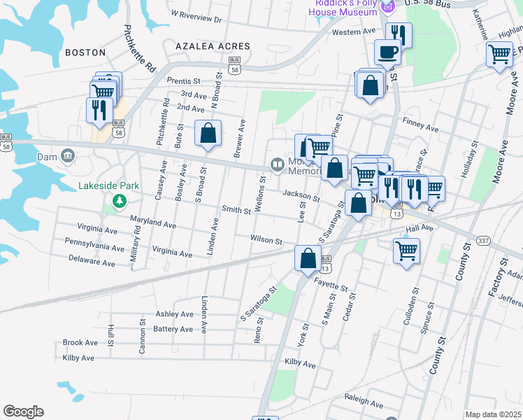 map of restaurants, bars, coffee shops, grocery stores, and more near 128 Wellons Street in Suffolk