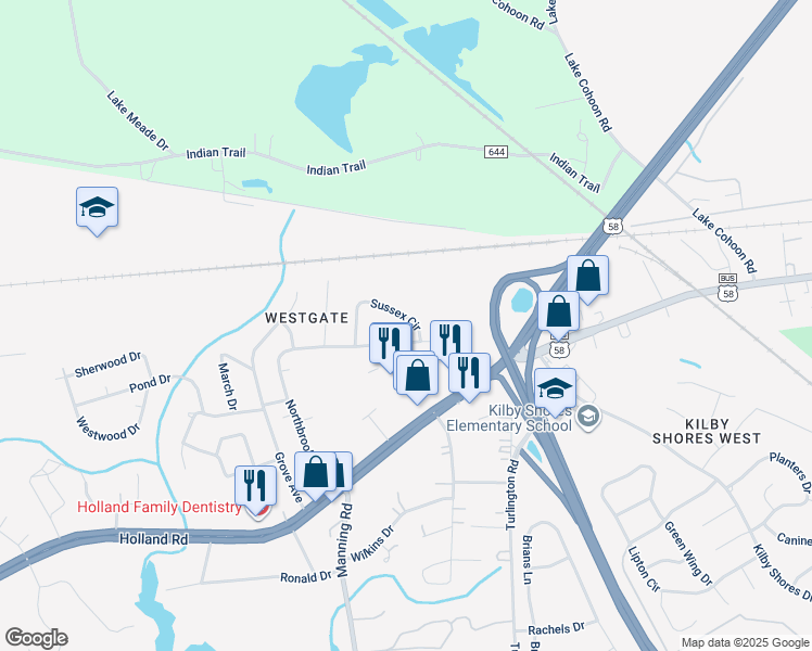 map of restaurants, bars, coffee shops, grocery stores, and more near 319 Northbrooke Avenue in Suffolk