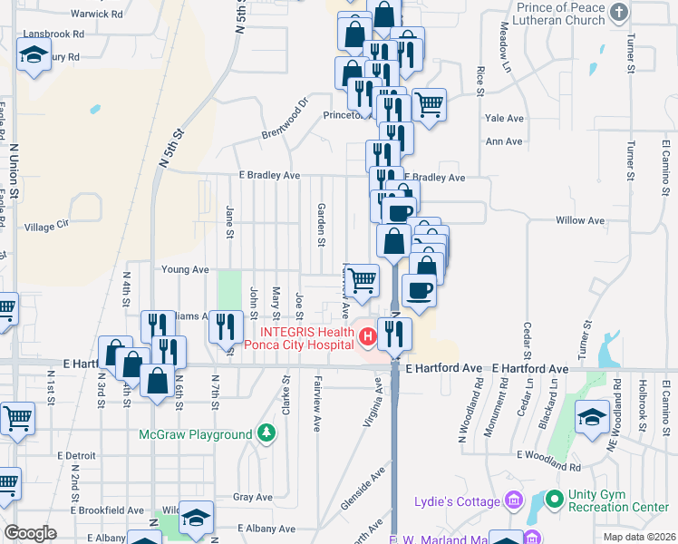 map of restaurants, bars, coffee shops, grocery stores, and more near 416 Fairview Avenue in Ponca City
