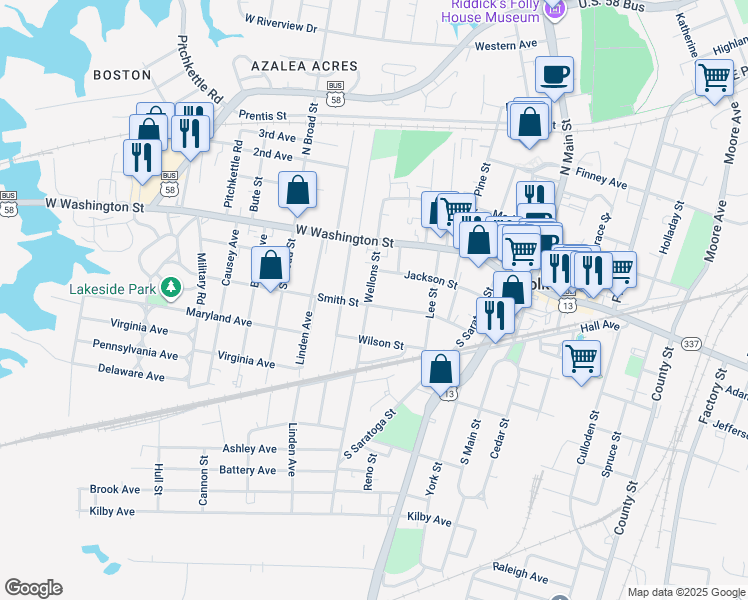 map of restaurants, bars, coffee shops, grocery stores, and more near 128 Wellons Street in Suffolk