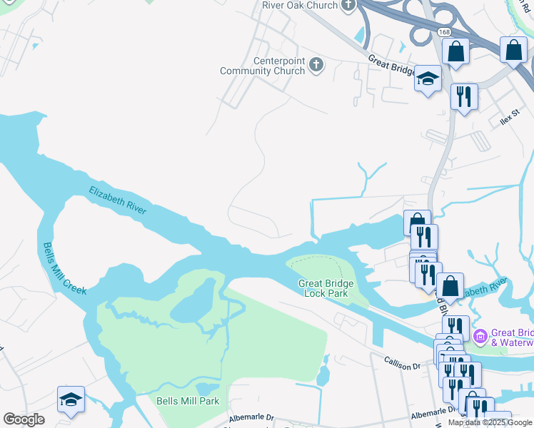 map of restaurants, bars, coffee shops, grocery stores, and more near 130 Repose Lane in Chesapeake