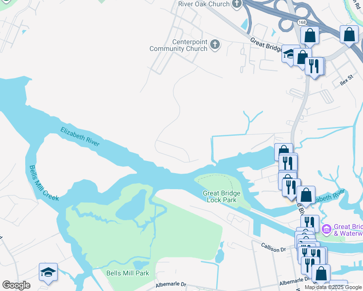 map of restaurants, bars, coffee shops, grocery stores, and more near 130 Repose Lane in Chesapeake