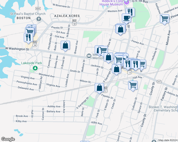 map of restaurants, bars, coffee shops, grocery stores, and more near 418 Smith Street in Suffolk