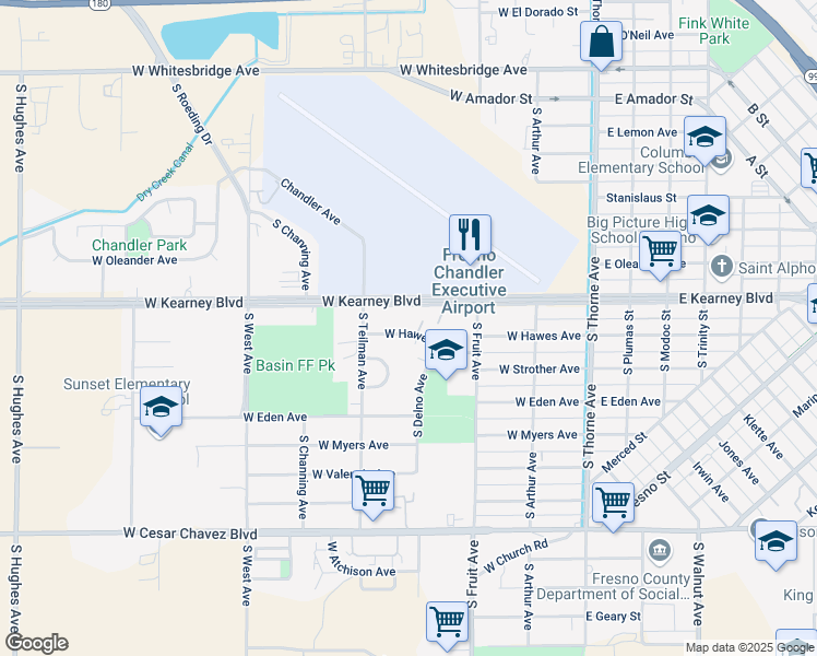 map of restaurants, bars, coffee shops, grocery stores, and more near 808 West Hawes Avenue in Fresno