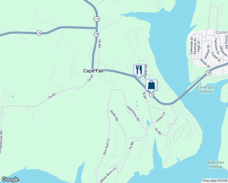 map of restaurants, bars, coffee shops, grocery stores, and more near 558 Roan Road in Cape Fair