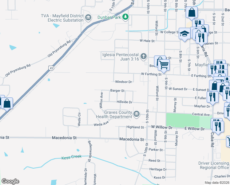 map of restaurants, bars, coffee shops, grocery stores, and more near 1101 South 12th Street in Mayfield