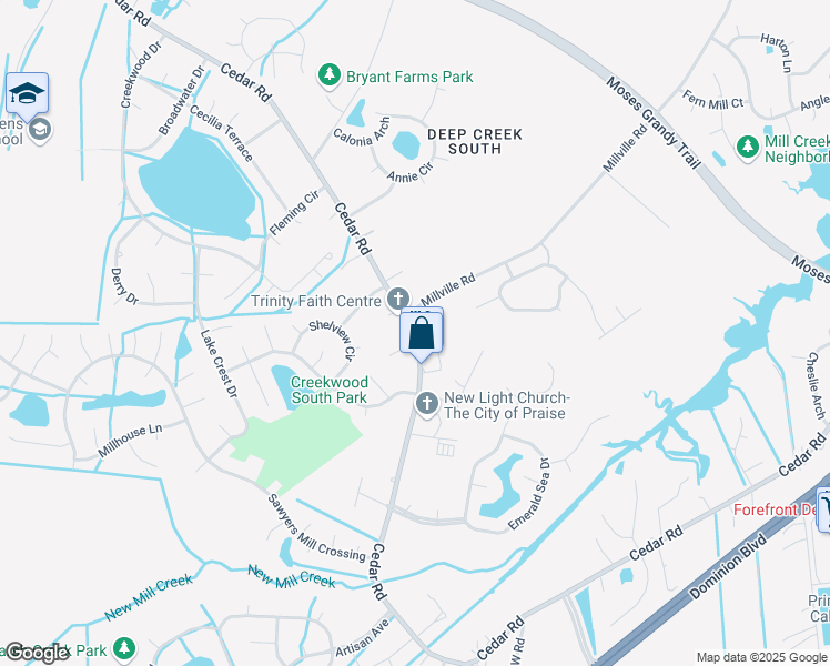 map of restaurants, bars, coffee shops, grocery stores, and more near 2500 Tiswood Court in Chesapeake