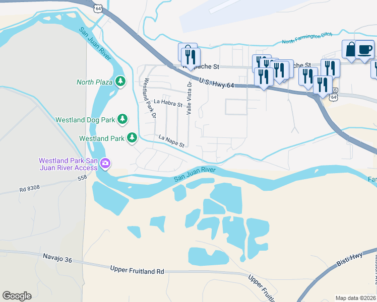 map of restaurants, bars, coffee shops, grocery stores, and more near 2705 La Napa Street in Farmington