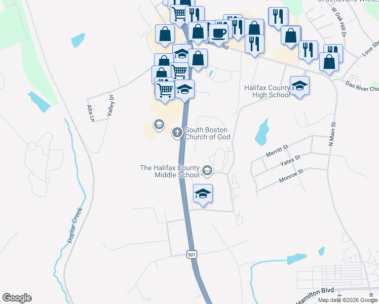 map of restaurants, bars, coffee shops, grocery stores, and more near 100 Sycamore Road in South Boston
