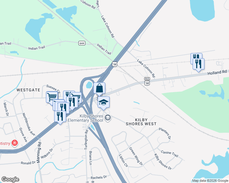 map of restaurants, bars, coffee shops, grocery stores, and more near 1421-1423 Holland Rd in Suffolk