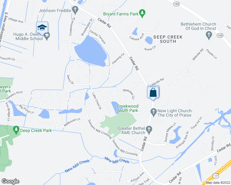 map of restaurants, bars, coffee shops, grocery stores, and more near 407 Montross Court in Chesapeake