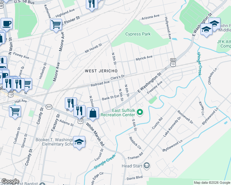 map of restaurants, bars, coffee shops, grocery stores, and more near 206 North 4th Street in Suffolk