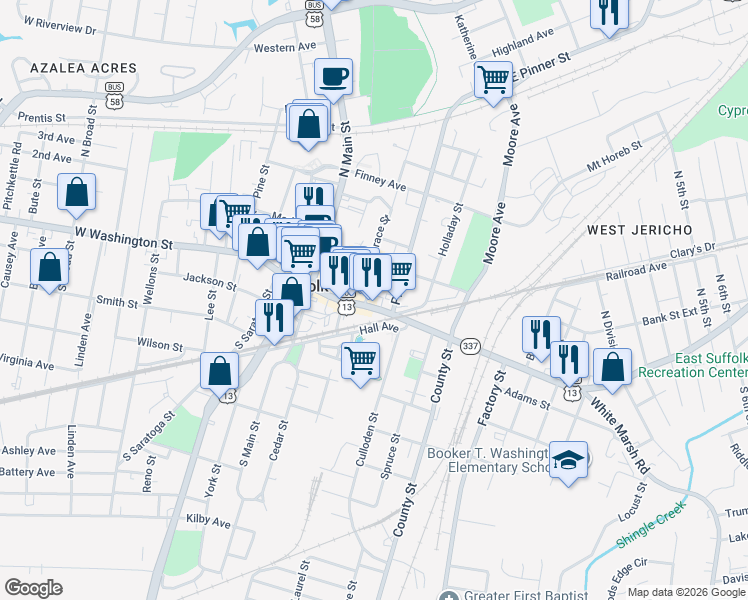map of restaurants, bars, coffee shops, grocery stores, and more near 106 Franklin Street in Suffolk