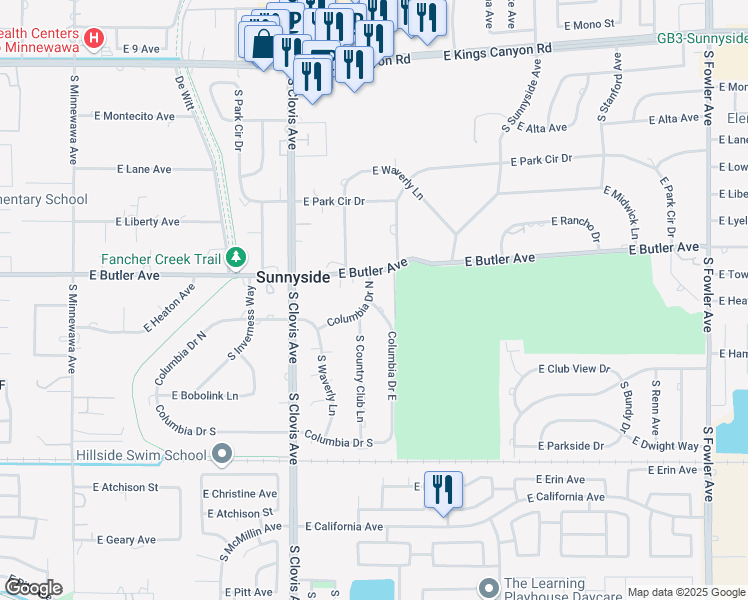 map of restaurants, bars, coffee shops, grocery stores, and more near 1433 Columbia Drive East in Fresno