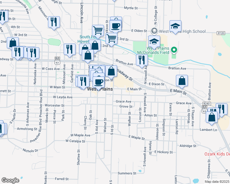 map of restaurants, bars, coffee shops, grocery stores, and more near 304 East Main Street in West Plains